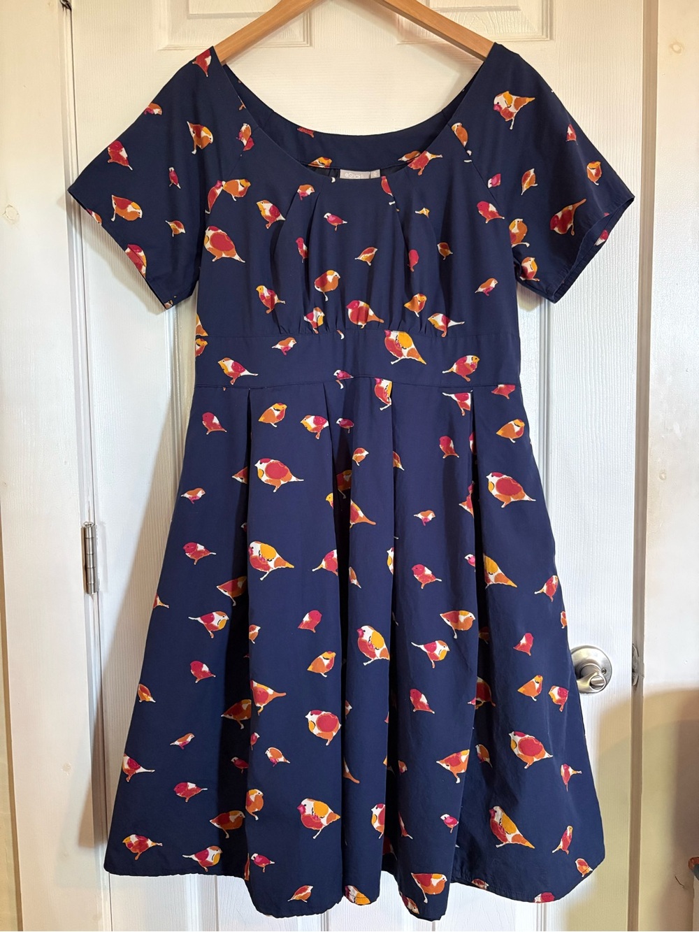 eshakti Navy Dress with Red and Orange Bird Print Retro Fit Flare